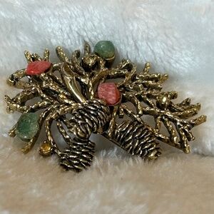 Vintage Brooch Pin Pinecones Rhinestones Cabochon Green Jade Pink Coral Stones